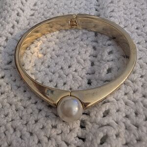 Gold-Tone Hinged Bangle Bracelet with Single Pearl Accent